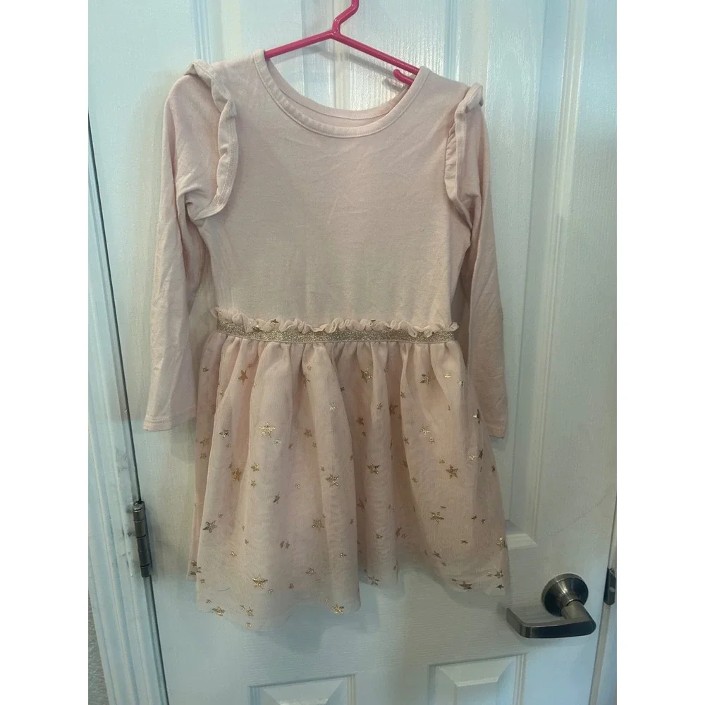 Cat & Jack Tutu Dress Pink Gold Star Ruffle Long Sleeve Girls 4T Party Holiday
